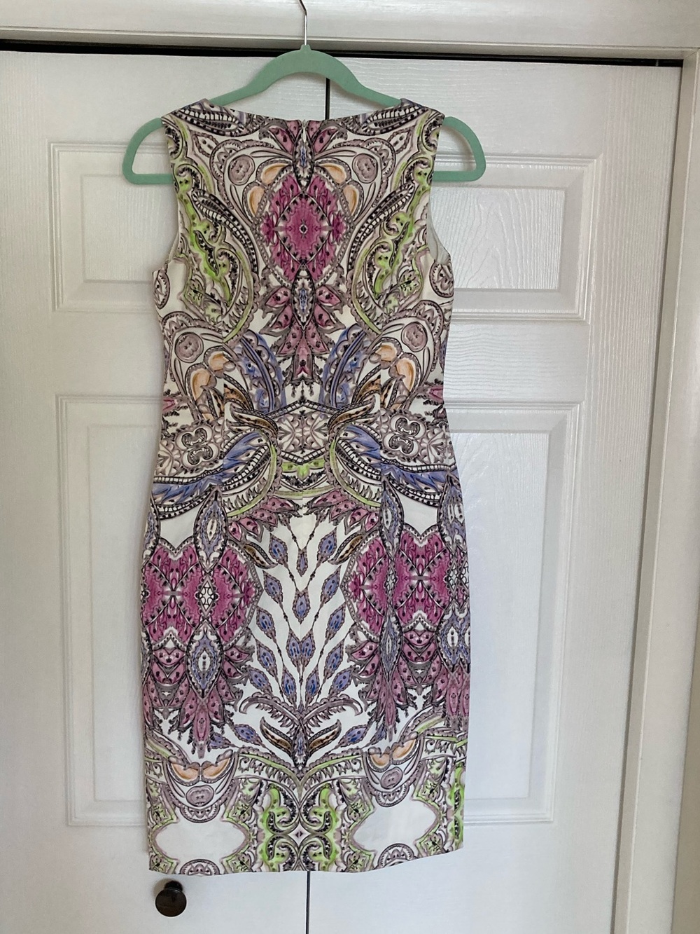 David Meister Paisley Midi Sheath Dress in Pink, Blue, Green and Cream
